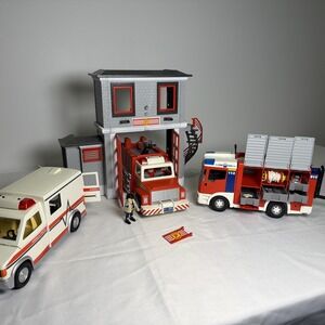 Playmobil Fire Station Lot - 2 Fire Trucks, Fire Chief, Ambulance, Lights, More